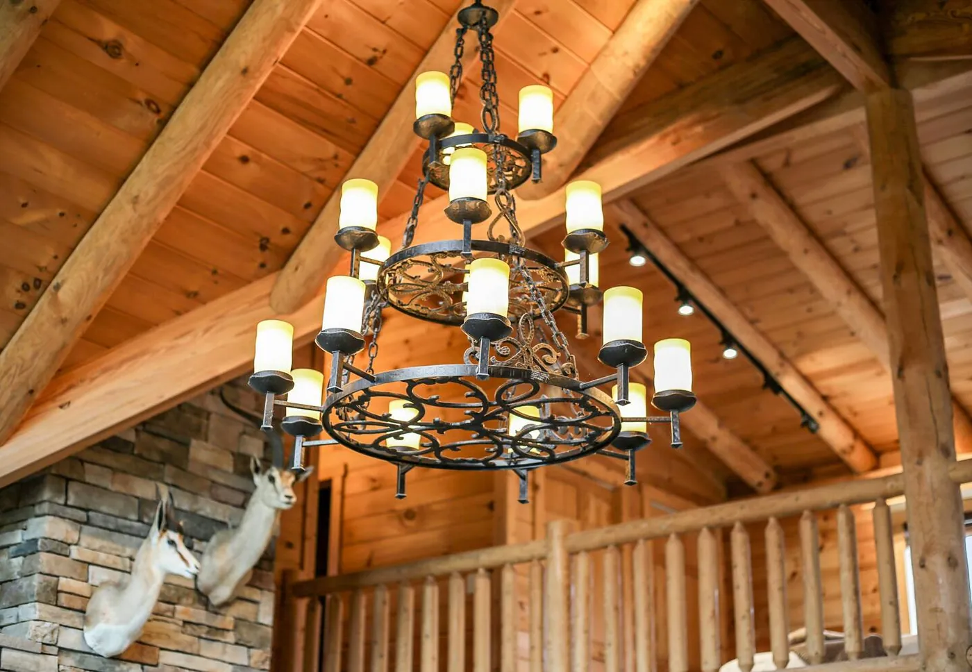 Antler-style chandelier in the vaulted great room